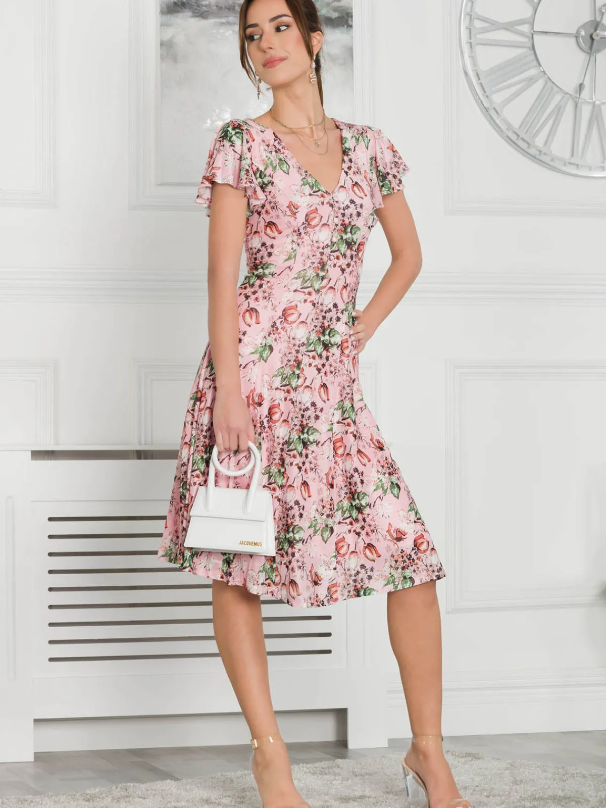Jolie Moi Occasion Dresses|Floral Dresses-Grace Mesh Midi Dress, Pink Floral