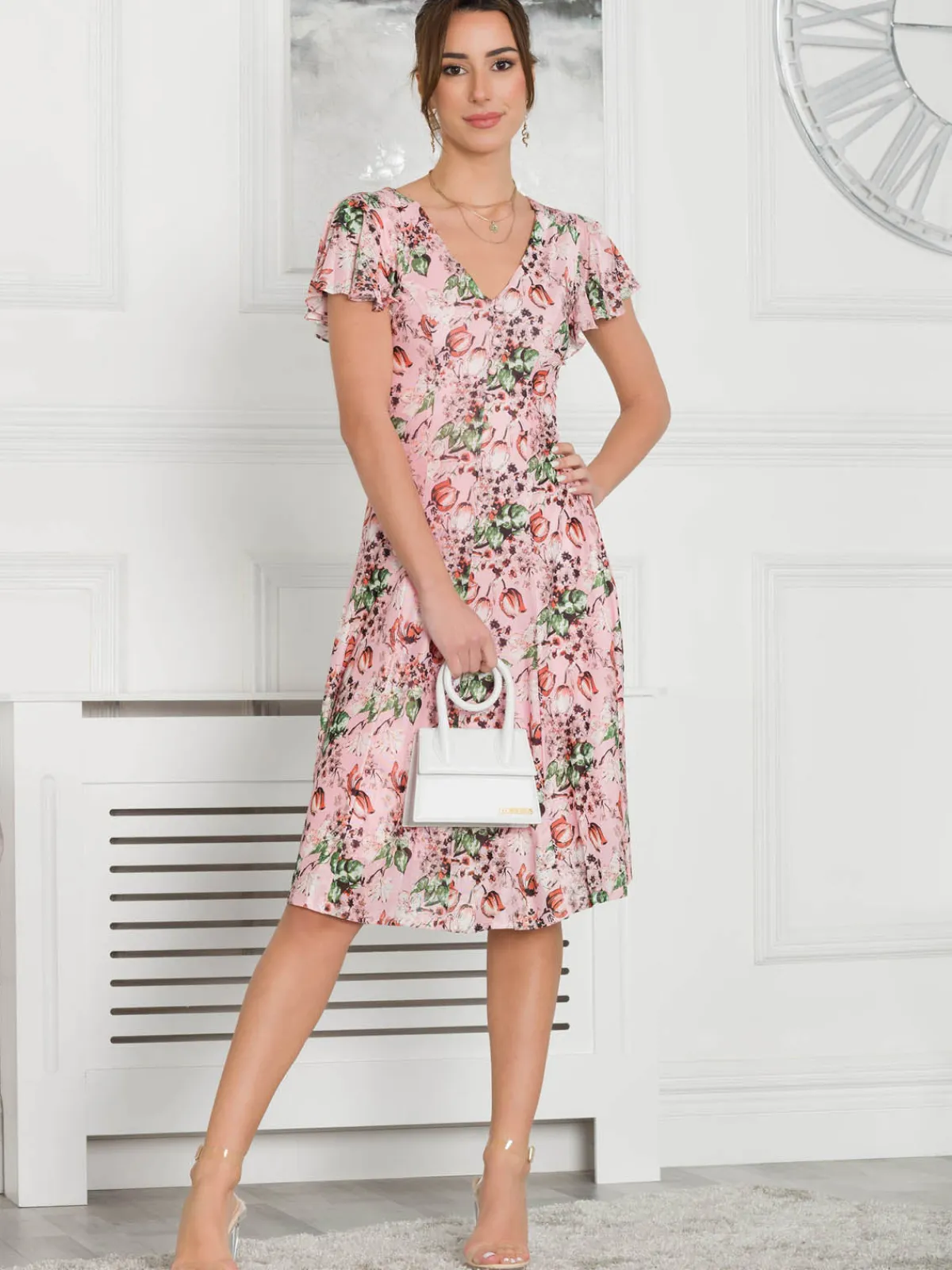 Jolie Moi Occasion Dresses|Floral Dresses-Grace Mesh Midi Dress, Pink Floral