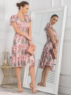 Jolie Moi Occasion Dresses|Floral Dresses-Grace Mesh Midi Dress, Pink Floral