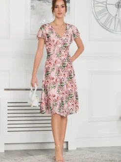 Jolie Moi Occasion Dresses|Floral Dresses-Grace Mesh Midi Dress, Pink Floral
