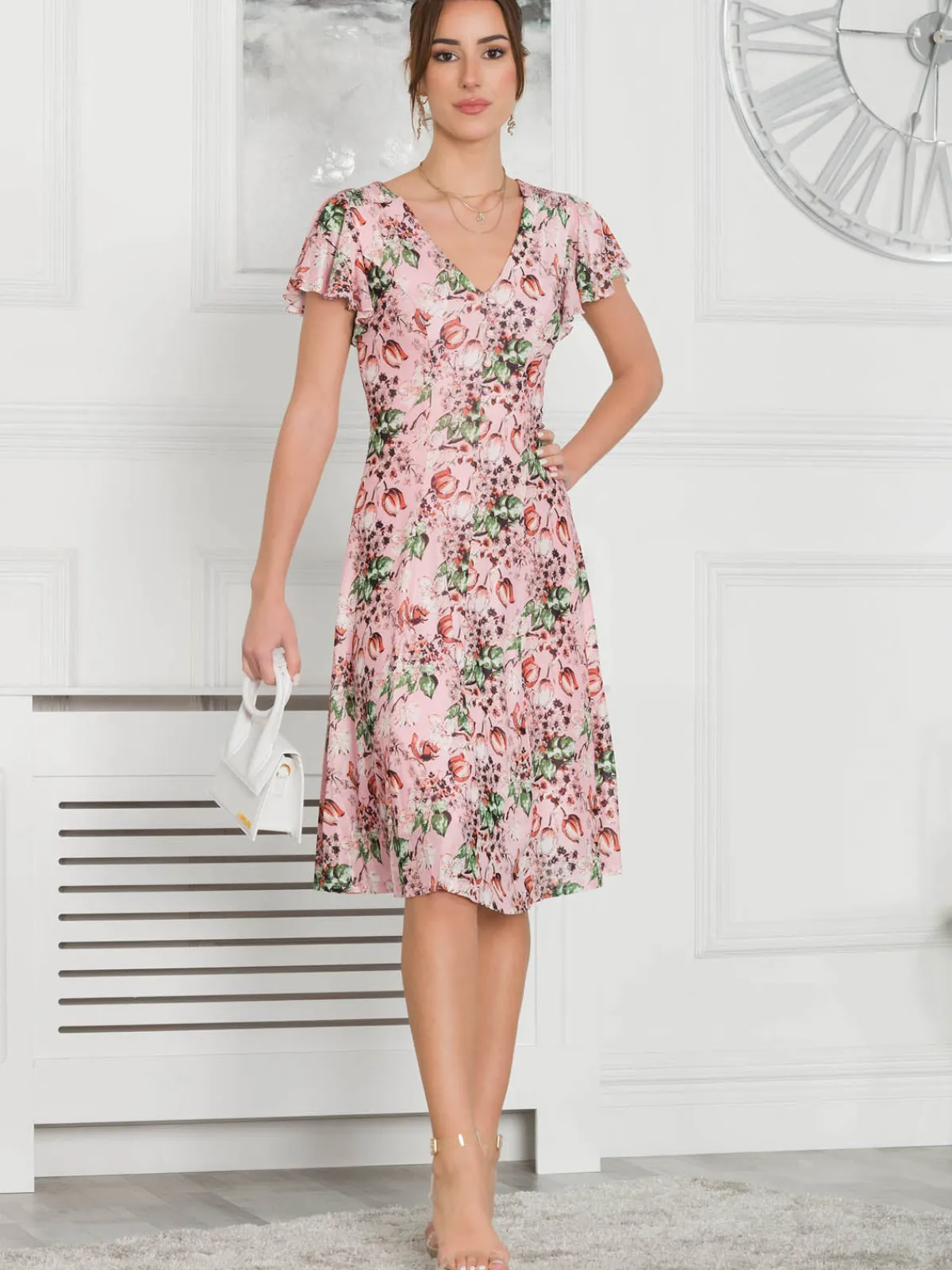 Jolie Moi Occasion Dresses|Floral Dresses-Grace Mesh Midi Dress, Pink Floral