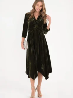 Jolie Moi Occasion Dresses|Velvet Dresses-Hanky Midi Velvet Dress, Soldier Green