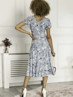 Jolie Moi Occasion Dresses|Mesh Dresses-Harley Floral Mesh Dress, Dusky Blue