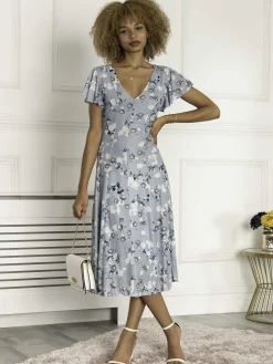Jolie Moi Occasion Dresses|Mesh Dresses-Harley Floral Mesh Dress, Dusky Blue