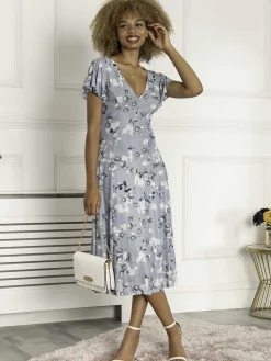 Jolie Moi Occasion Dresses|Mesh Dresses-Harley Floral Mesh Dress, Dusky Blue