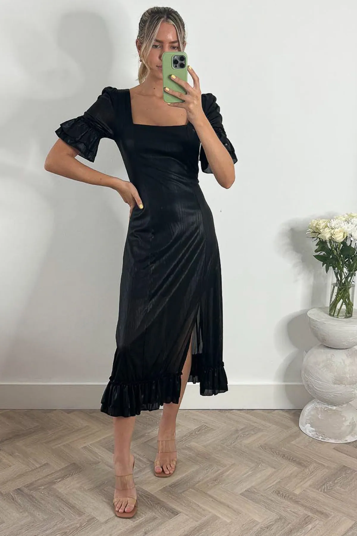 Jolie Moi Occasion Dresses|Weekend Casuals-Janice Square Neck Frill Midi Dress, Black