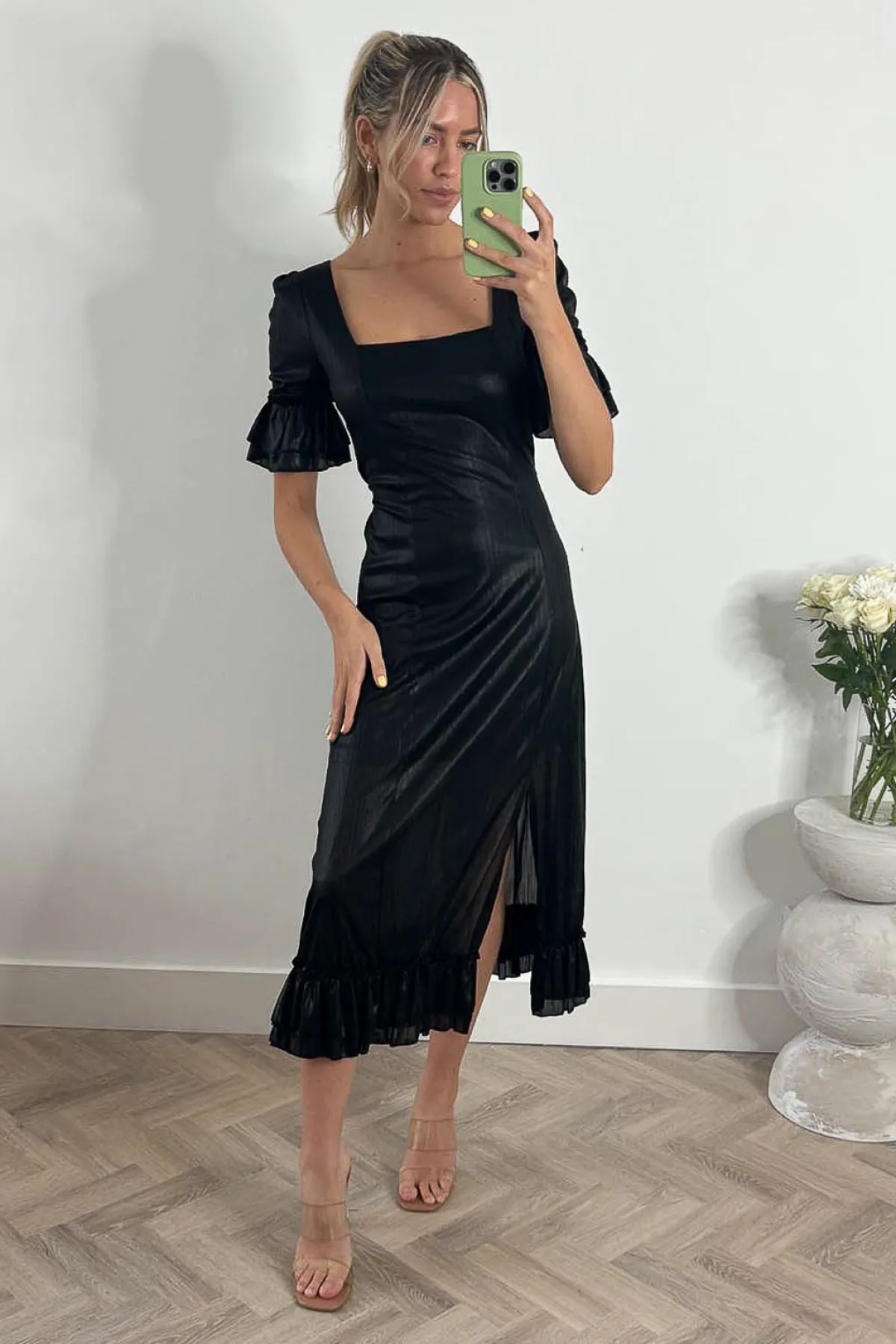 Jolie Moi Occasion Dresses|Weekend Casuals-Janice Square Neck Frill Midi Dress, Black