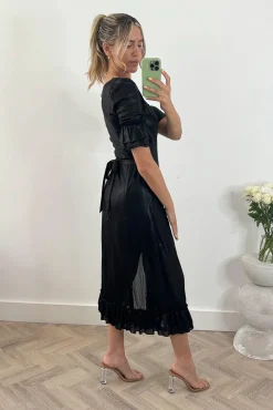 Jolie Moi Occasion Dresses|Weekend Casuals-Janice Square Neck Frill Midi Dress, Black