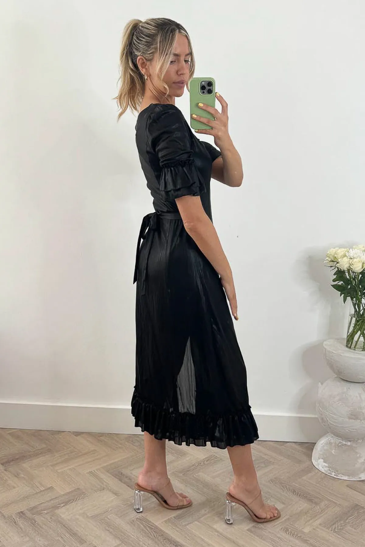 Jolie Moi Occasion Dresses|Weekend Casuals-Janice Square Neck Frill Midi Dress, Black