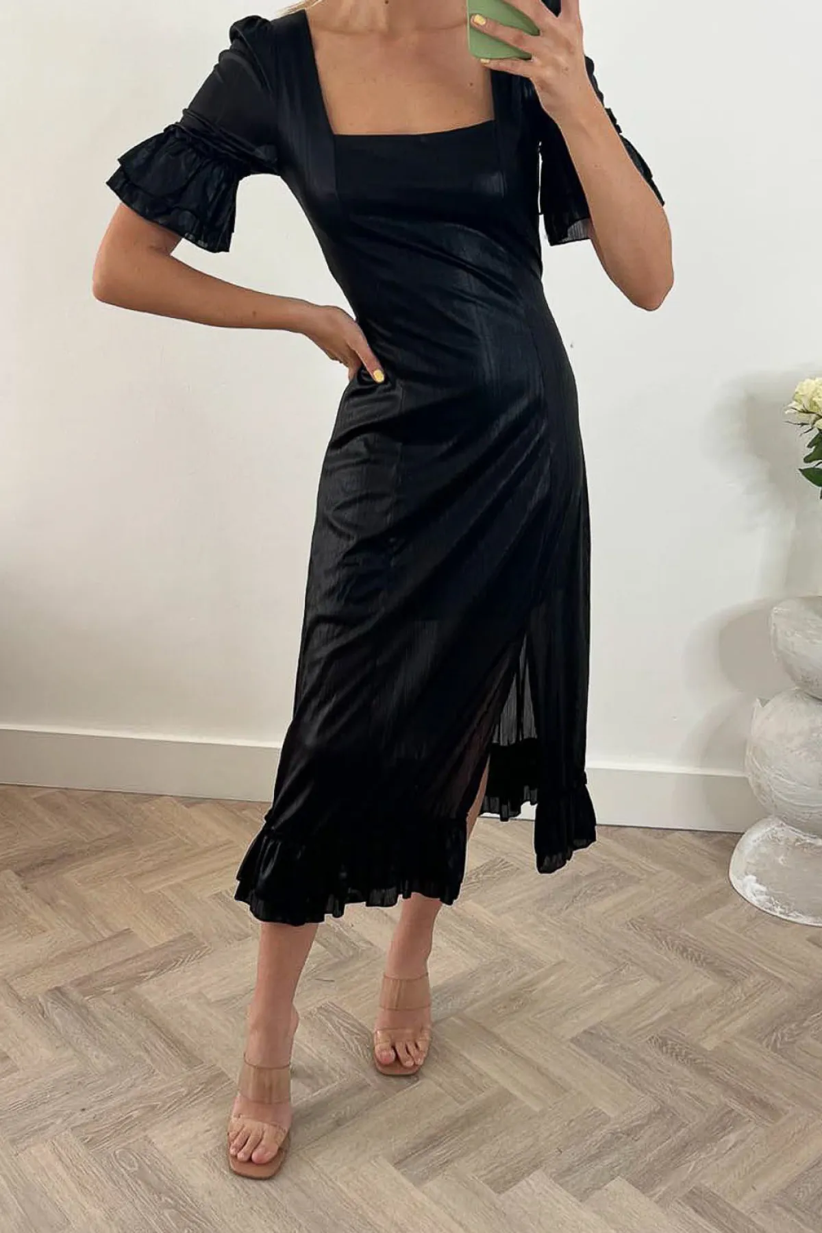 Jolie Moi Occasion Dresses|Weekend Casuals-Janice Square Neck Frill Midi Dress, Black