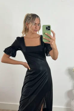 Jolie Moi Occasion Dresses|Weekend Casuals-Janice Square Neck Frill Midi Dress, Black
