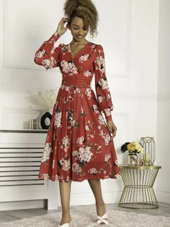 Jolie Moi Occasion Dresses|Mesh Dresses-Jasmine Long Sleeve Mesh Dress, Cerise