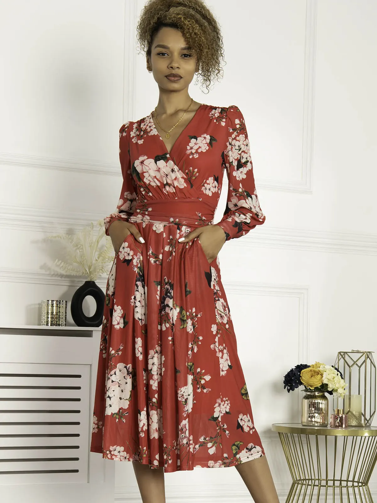 Jolie Moi Occasion Dresses|Mesh Dresses-Jasmine Long Sleeve Mesh Dress, Cerise