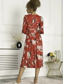 Jolie Moi Occasion Dresses|Mesh Dresses-Jasmine Long Sleeve Mesh Dress, Cerise