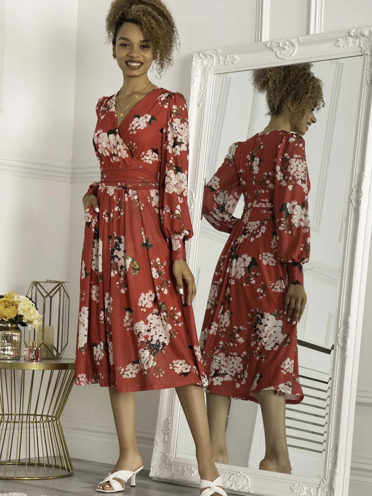 Jolie Moi Occasion Dresses|Mesh Dresses-Jasmine Long Sleeve Mesh Dress, Cerise