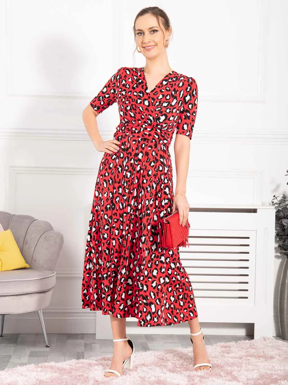 Jolie Moi Occasion Dresses|Jersey Dresses-Josie Animal Print Dress, Red