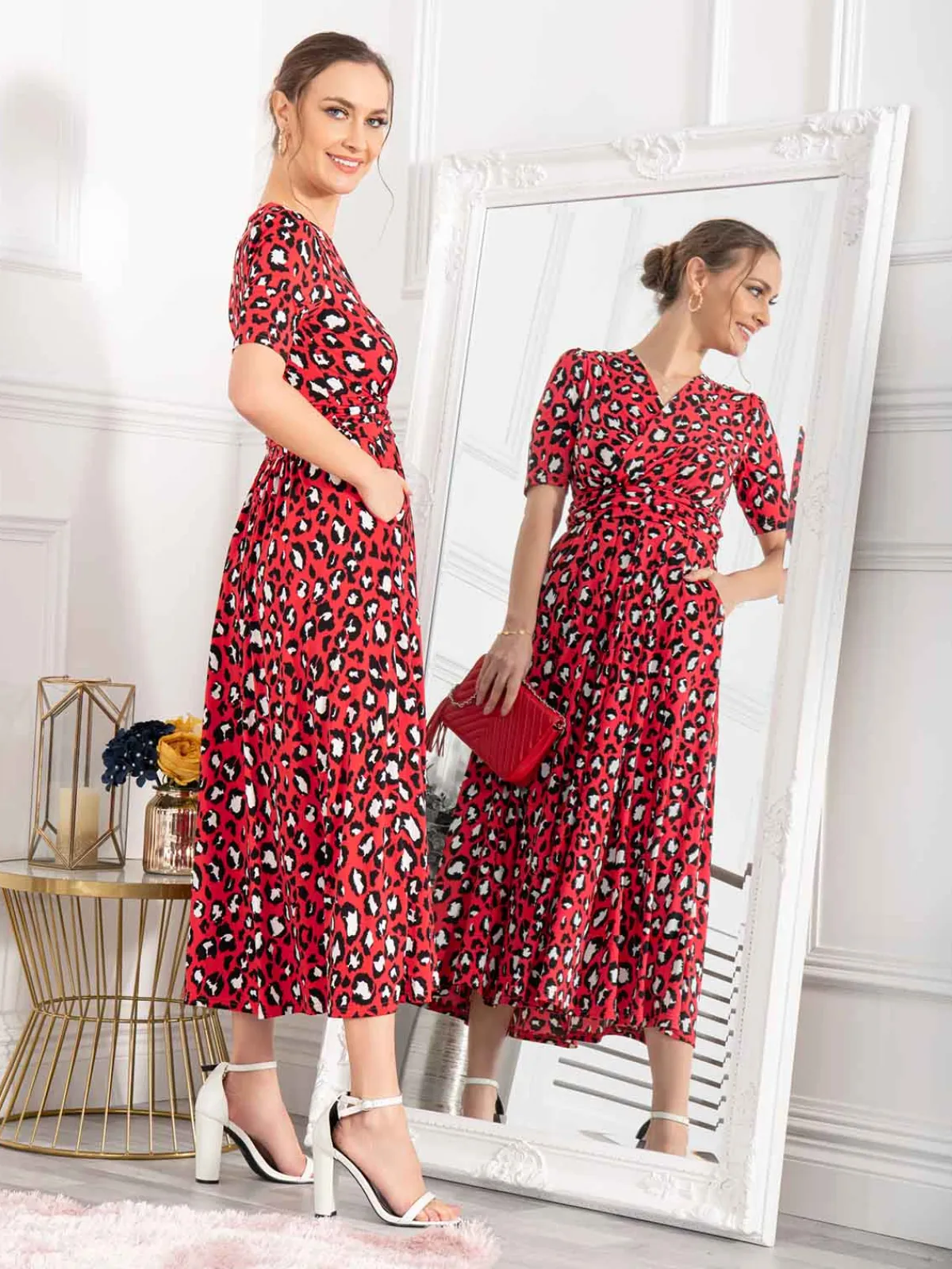 Jolie Moi Occasion Dresses|Jersey Dresses-Josie Animal Print Dress, Red