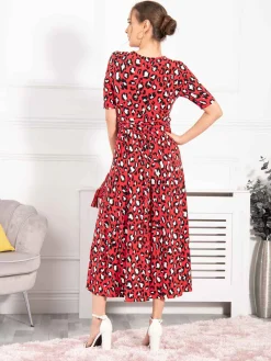 Jolie Moi Occasion Dresses|Jersey Dresses-Josie Animal Print Dress, Red