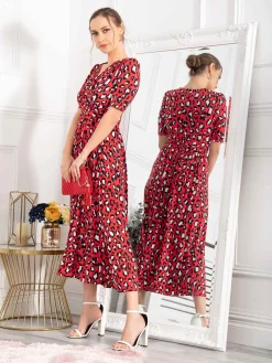 Jolie Moi Occasion Dresses|Jersey Dresses-Josie Animal Print Dress, Red
