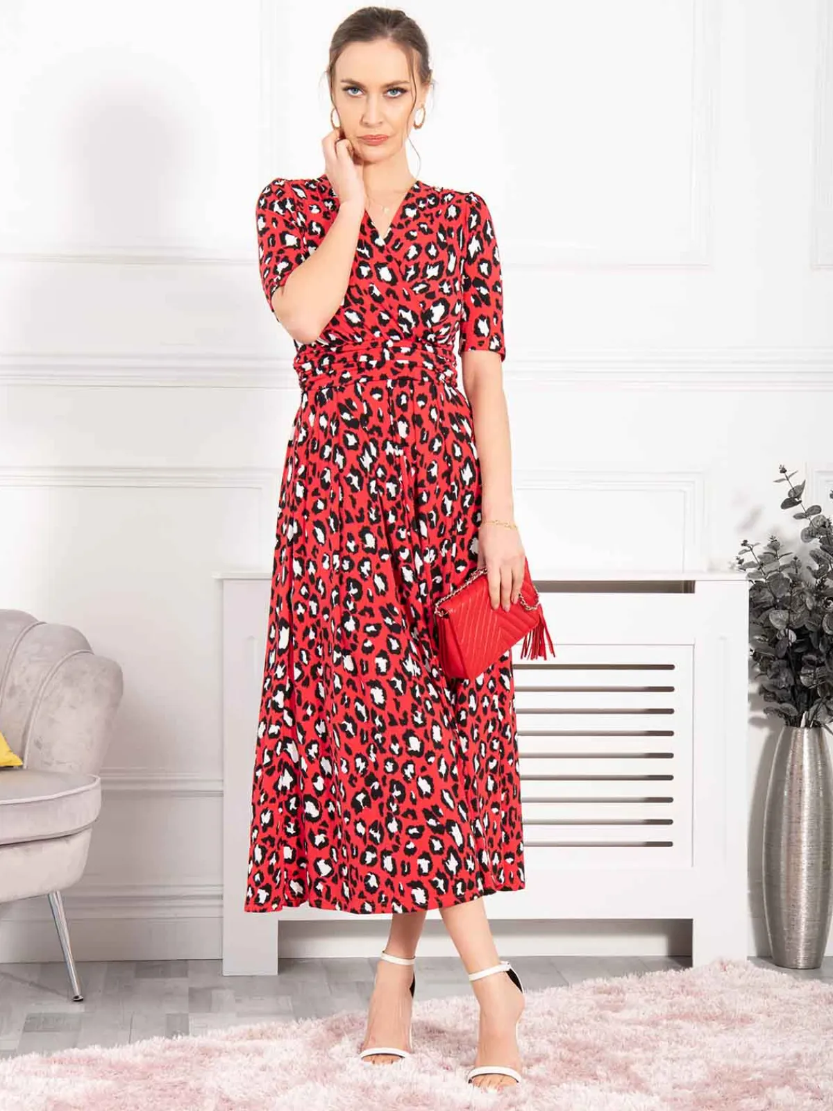 Jolie Moi Occasion Dresses|Jersey Dresses-Josie Animal Print Dress, Red