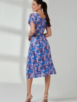 Jolie Moi Occasion Dresses|Mesh Dresses-Kaylynn Wrap Mesh Dress, Blue Floral