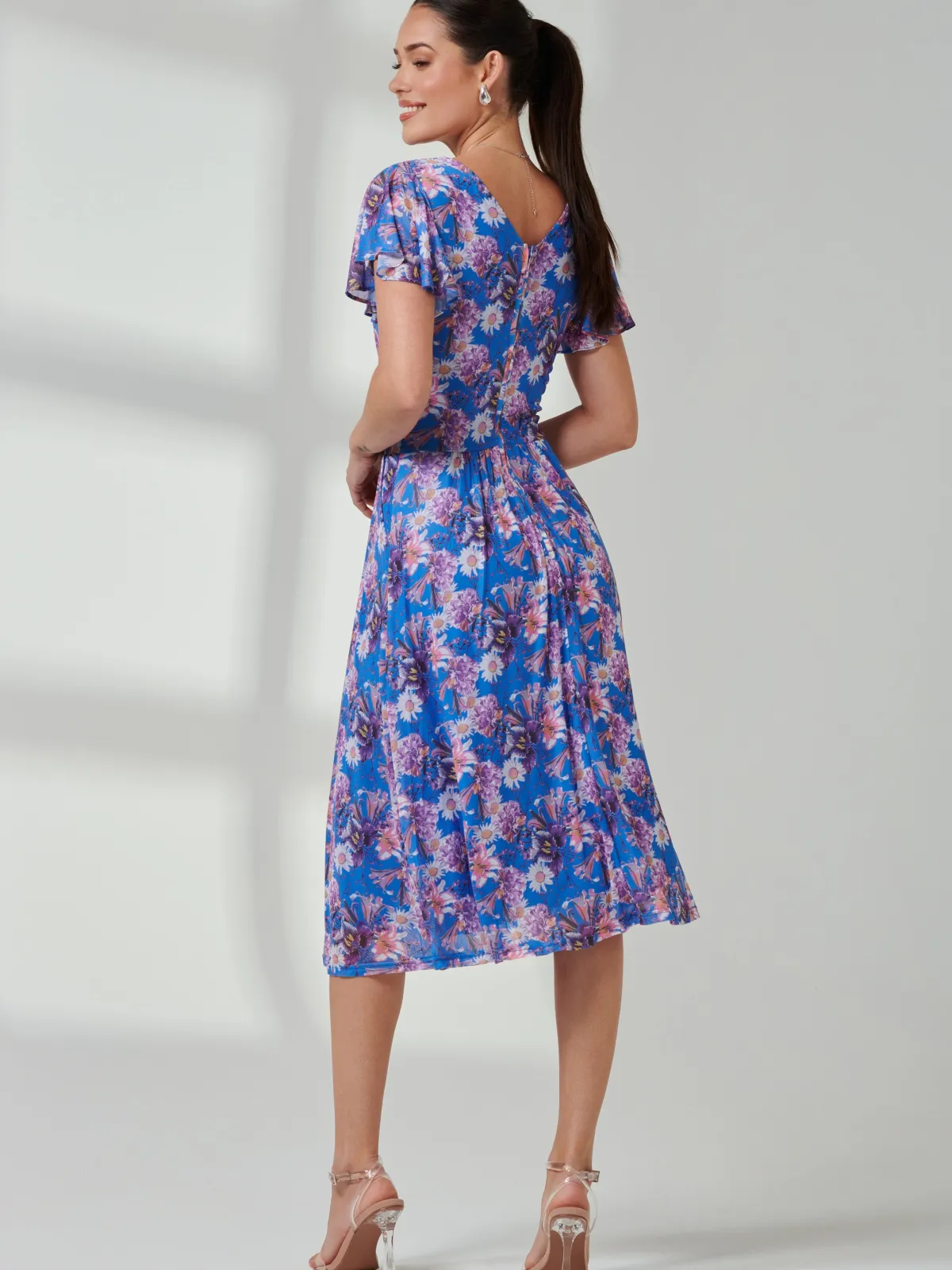 Jolie Moi Occasion Dresses|Mesh Dresses-Kaylynn Wrap Mesh Dress, Blue Floral