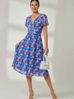 Jolie Moi Occasion Dresses|Mesh Dresses-Kaylynn Wrap Mesh Dress, Blue Floral