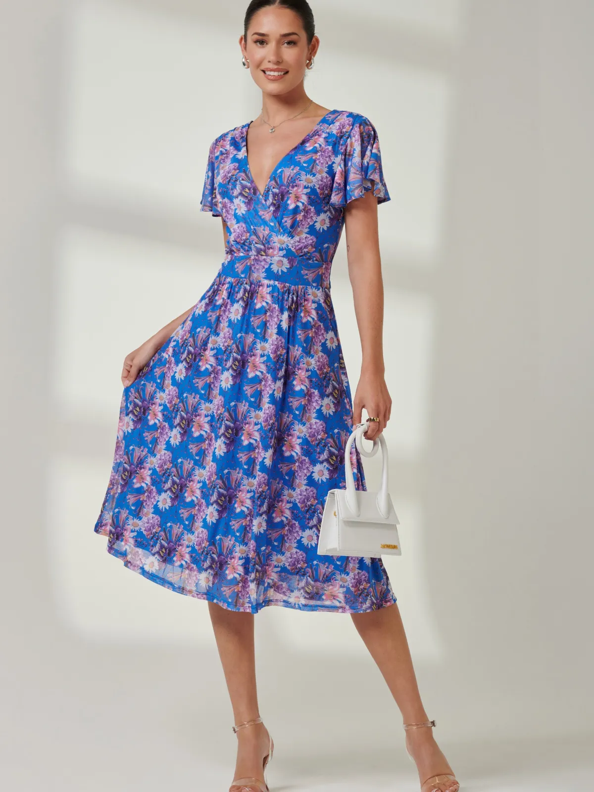 Jolie Moi Occasion Dresses|Mesh Dresses-Kaylynn Wrap Mesh Dress, Blue Floral