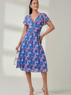 Jolie Moi Occasion Dresses|Mesh Dresses-Kaylynn Wrap Mesh Dress, Blue Floral