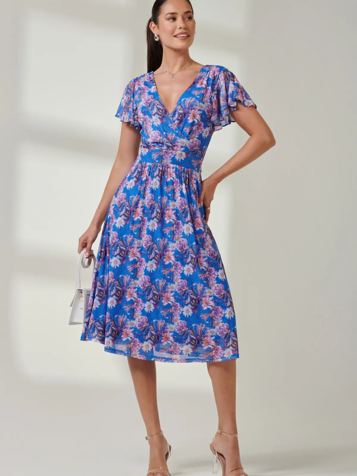 Jolie Moi Occasion Dresses|Mesh Dresses-Kaylynn Wrap Mesh Dress, Blue Floral
