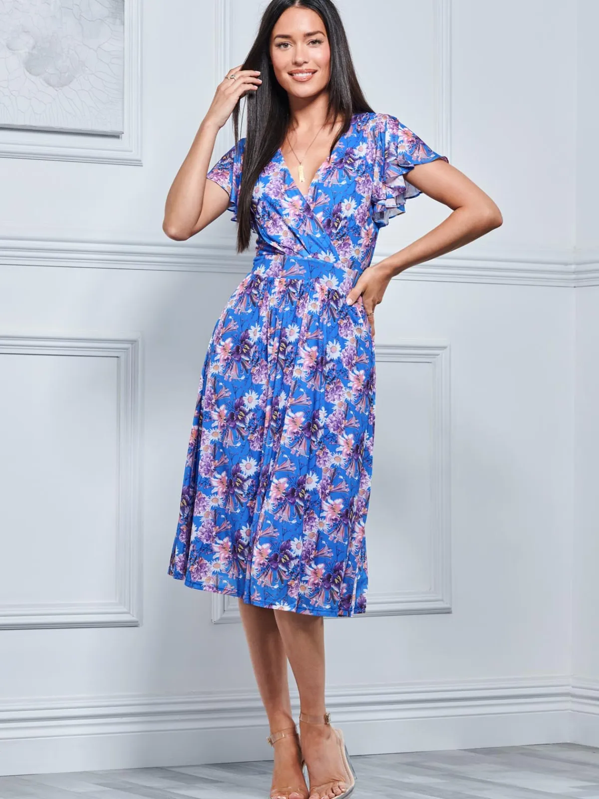 Jolie Moi Occasion Dresses|Mesh Dresses-Kaylynn Wrap Mesh Dress, Blue Floral