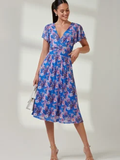 Jolie Moi Occasion Dresses|Mesh Dresses-Kaylynn Wrap Mesh Dress, Blue Floral