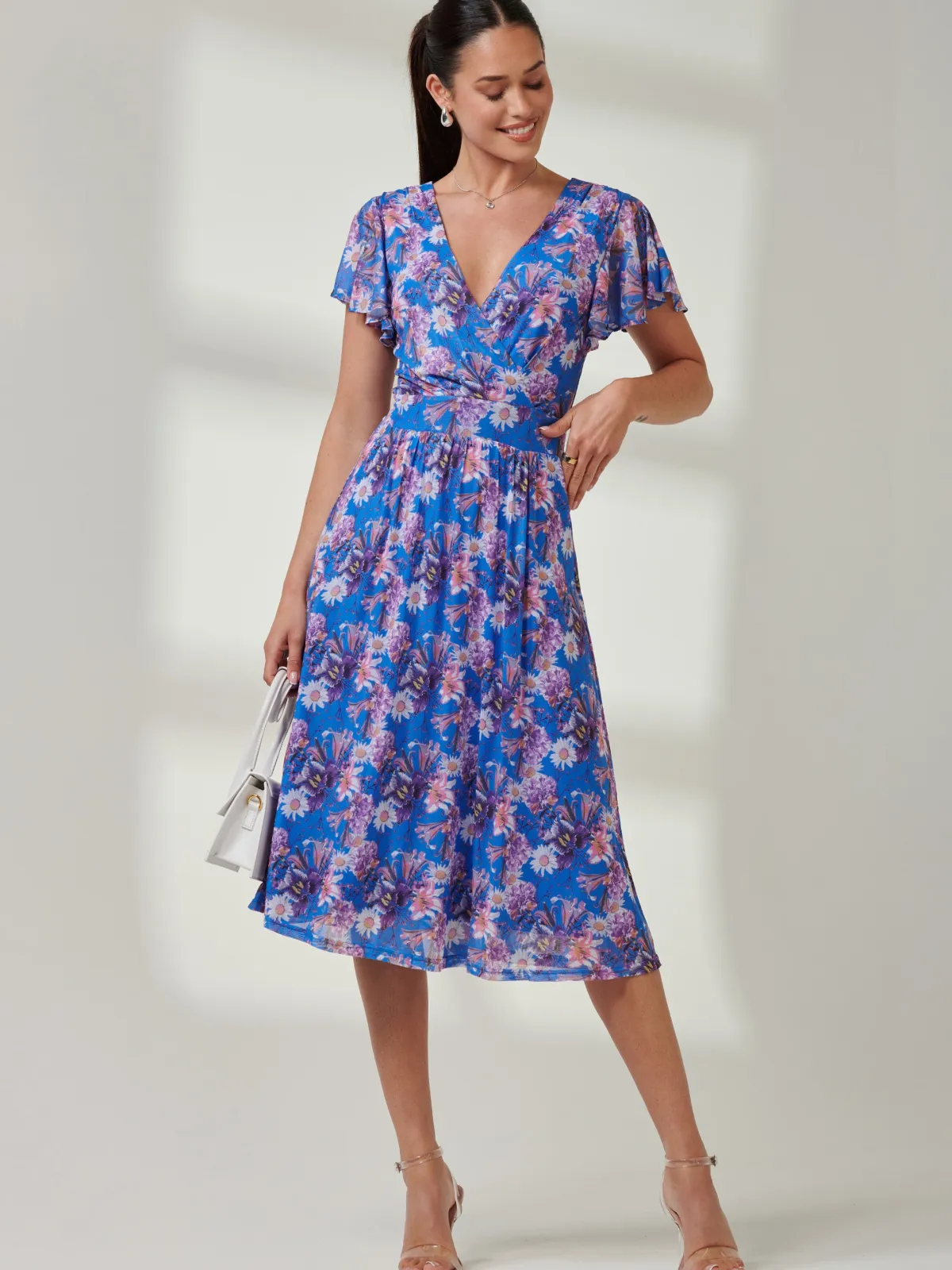 Jolie Moi Occasion Dresses|Mesh Dresses-Kaylynn Wrap Mesh Dress, Blue Floral