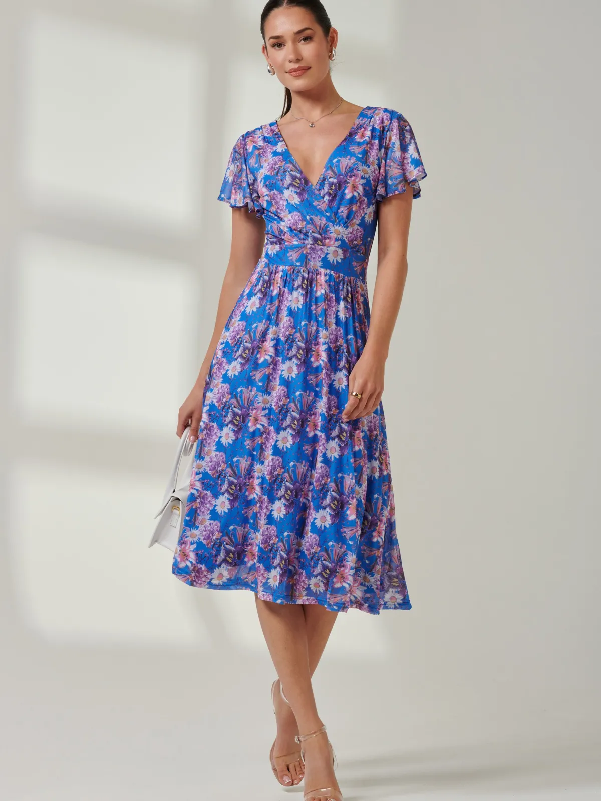 Jolie Moi Occasion Dresses|Mesh Dresses-Kaylynn Wrap Mesh Dress, Blue Floral