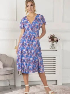 Jolie Moi Occasion Dresses|Mesh Dresses-Kaylynn Wrap Mesh Dress, Blue Floral