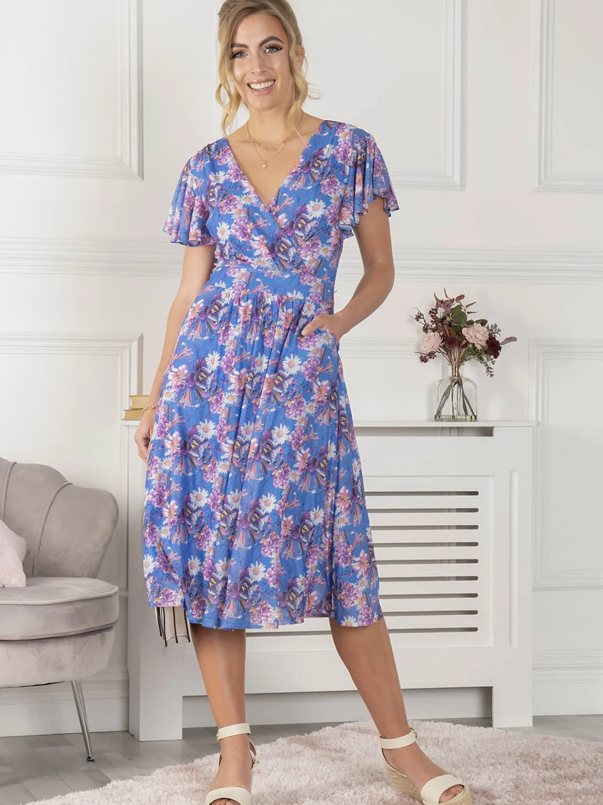 Jolie Moi Occasion Dresses|Mesh Dresses-Kaylynn Wrap Mesh Dress, Blue Floral