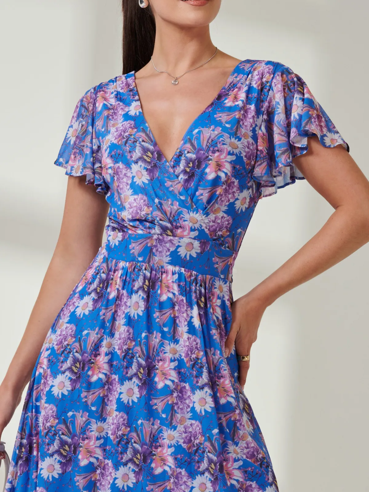 Jolie Moi Occasion Dresses|Mesh Dresses-Kaylynn Wrap Mesh Dress, Blue Floral