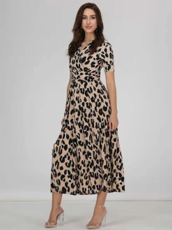 Jolie Moi Occasion Dresses|Jersey Dresses-Kiera Wrap Front Maxi Dress, Camel Animal