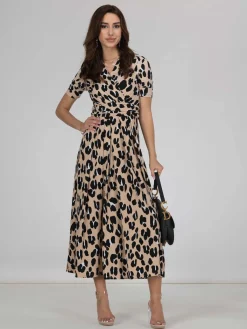 Jolie Moi Occasion Dresses|Jersey Dresses-Kiera Wrap Front Maxi Dress, Camel Animal