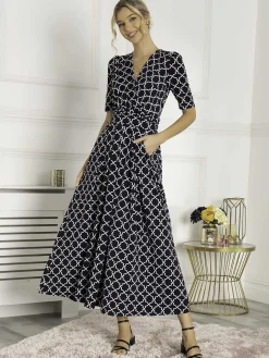 Jolie Moi Occasion Dresses|Jersey Dresses-Kiera Wrap Front Maxi Dress, Navy Geo