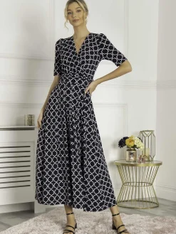 Jolie Moi Occasion Dresses|Jersey Dresses-Kiera Wrap Front Maxi Dress, Navy Geo