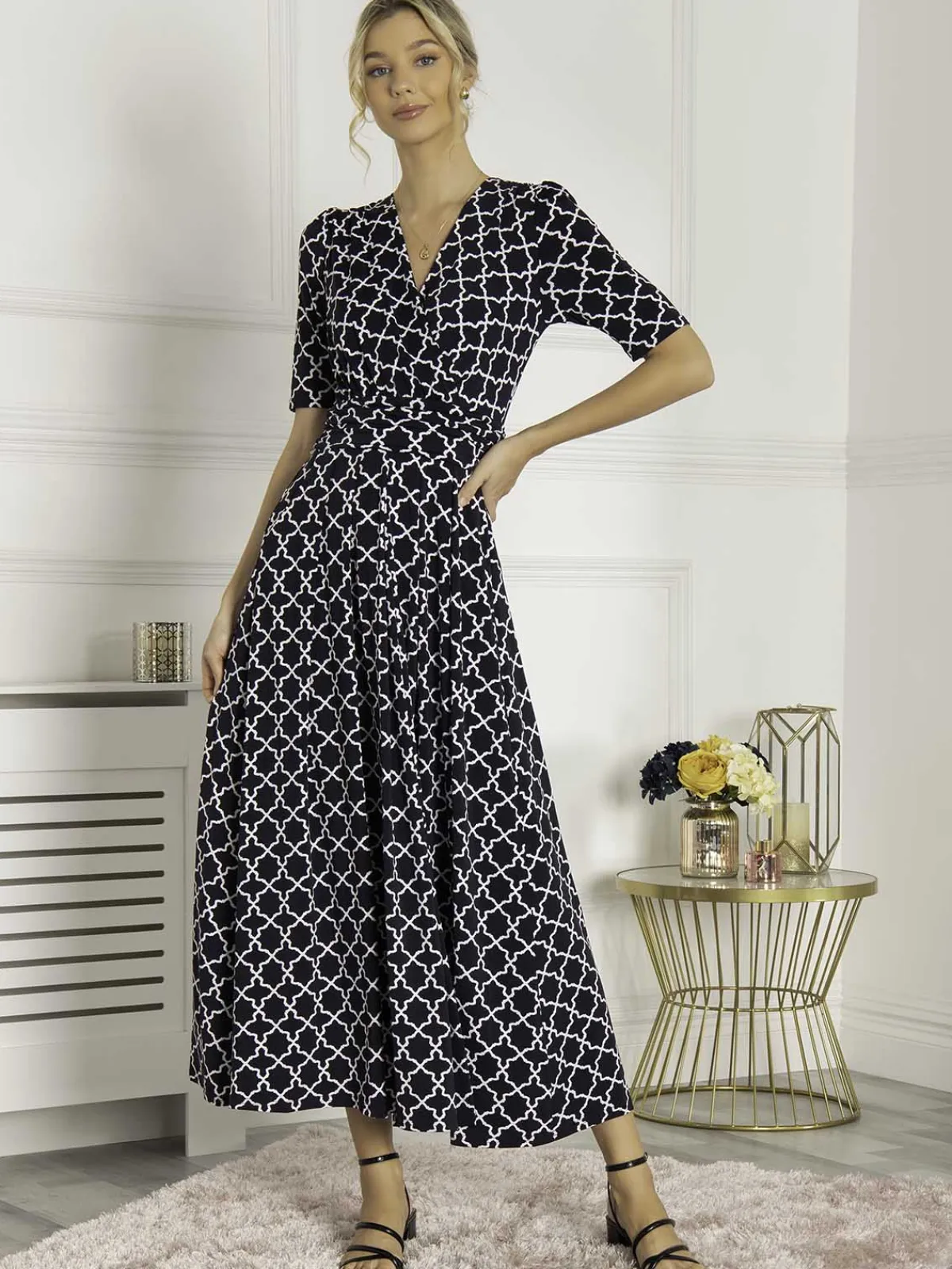 Jolie Moi Occasion Dresses|Jersey Dresses-Kiera Wrap Front Maxi Dress, Navy Geo