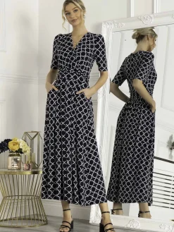 Jolie Moi Occasion Dresses|Jersey Dresses-Kiera Wrap Front Maxi Dress, Navy Geo