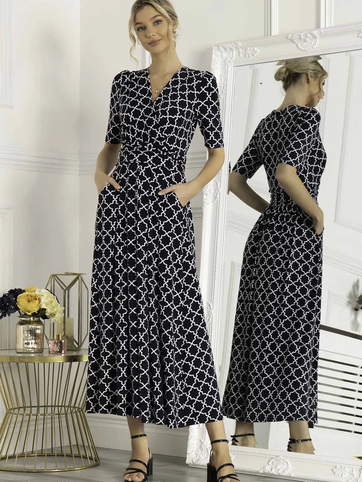 Jolie Moi Occasion Dresses|Jersey Dresses-Kiera Wrap Front Maxi Dress, Navy Geo