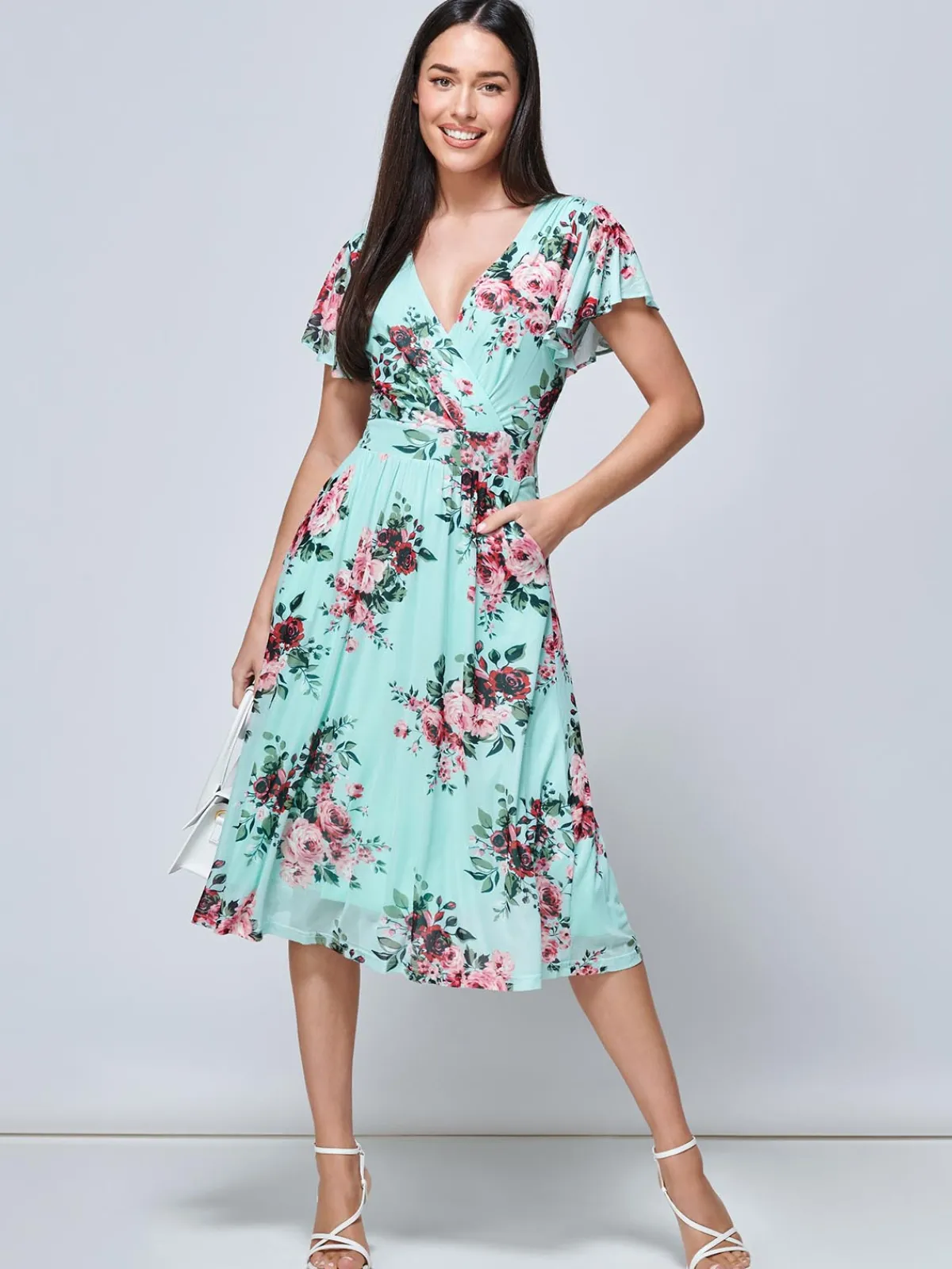 Jolie Moi Occasion Dresses|Wrap Dresses-Kiley Wrap Front Mesh Dress, Light Green