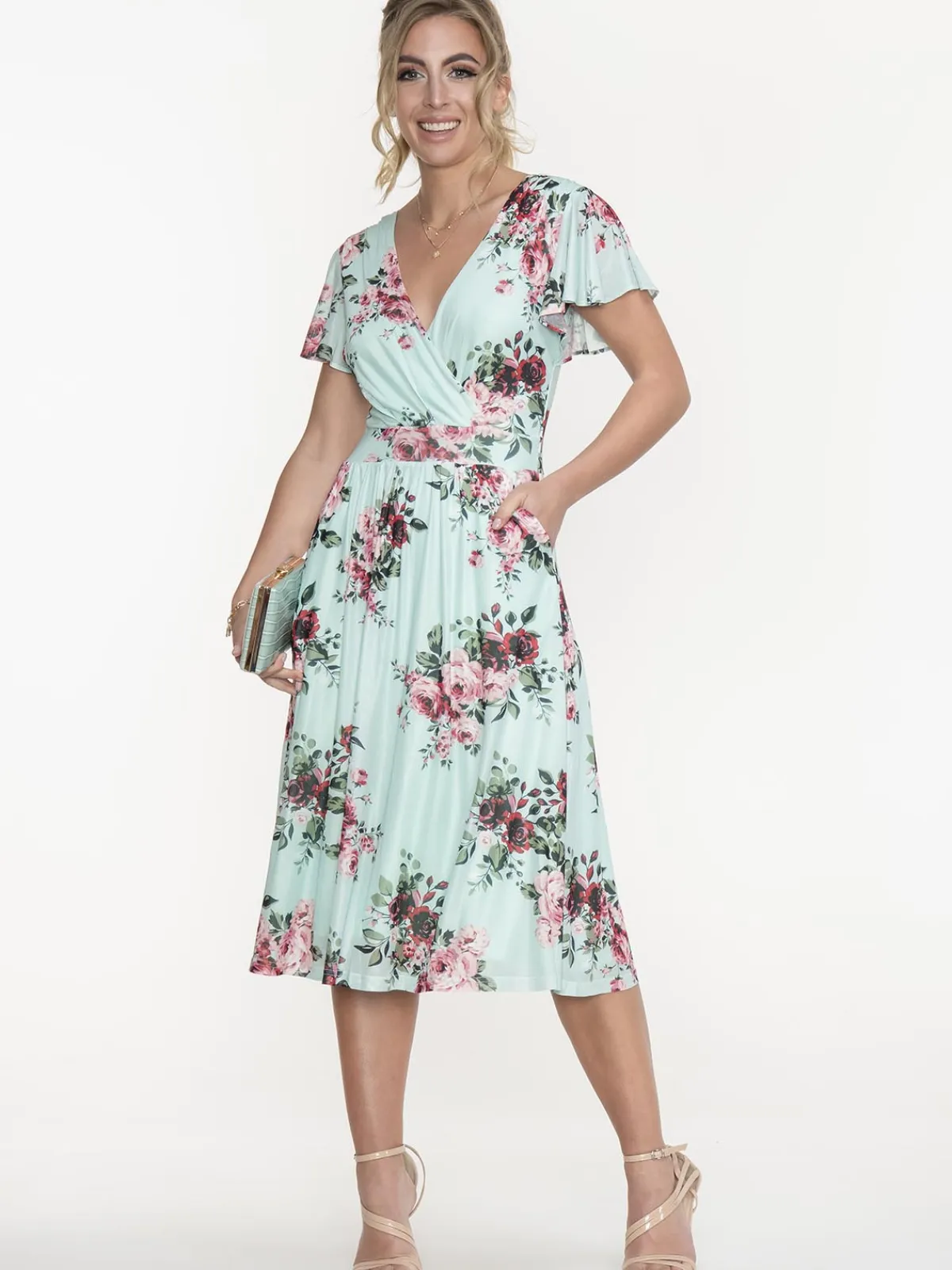 Jolie Moi Occasion Dresses|Wrap Dresses-Kiley Wrap Front Mesh Dress, Light Green