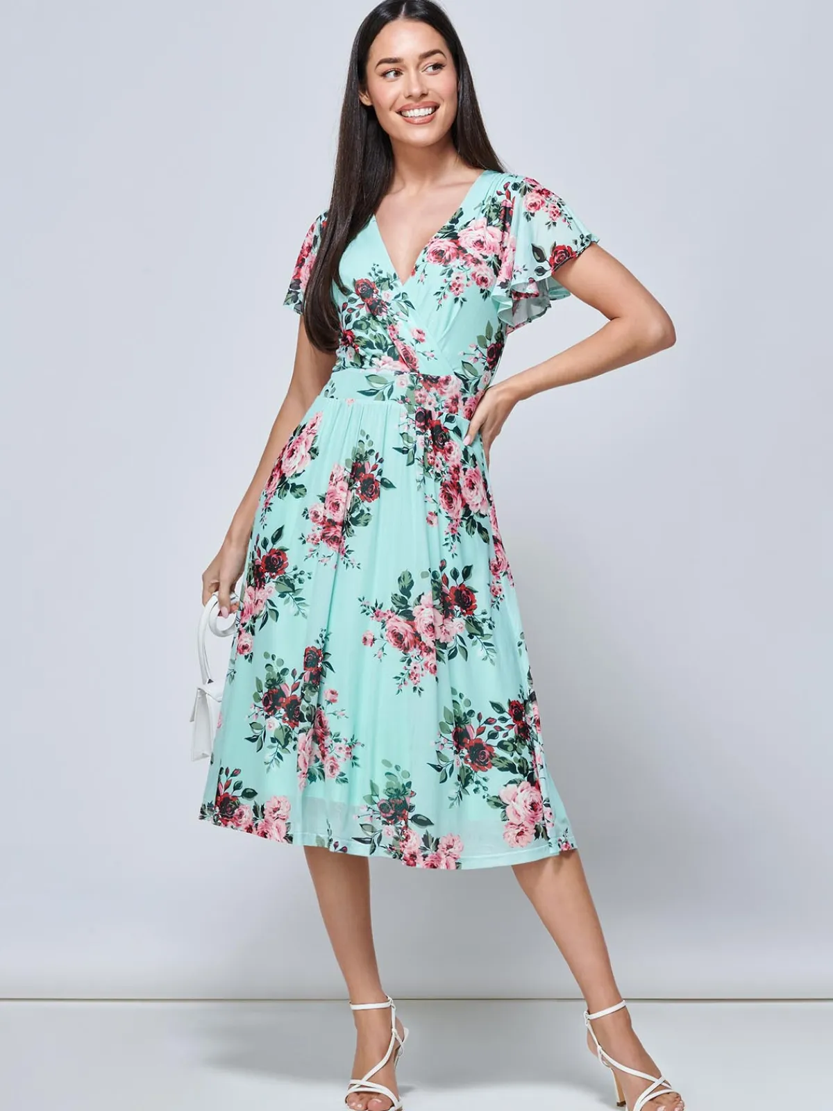 Jolie Moi Occasion Dresses|Wrap Dresses-Kiley Wrap Front Mesh Dress, Light Green