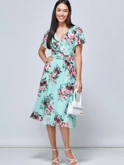Jolie Moi Occasion Dresses|Wrap Dresses-Kiley Wrap Front Mesh Dress, Light Green