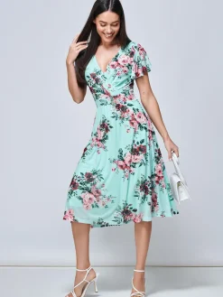 Jolie Moi Occasion Dresses|Wrap Dresses-Kiley Wrap Front Mesh Dress, Light Green