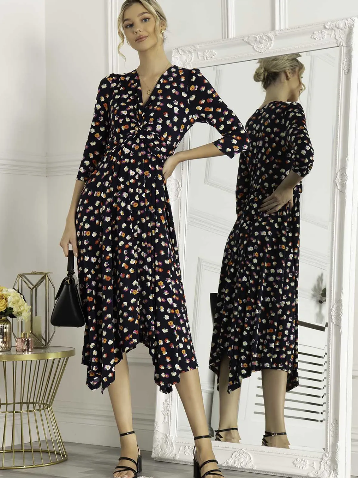 Jolie Moi Occasion Dresses|Office Dresses-Knot Front Hanky Hem Dress, Navy Floral